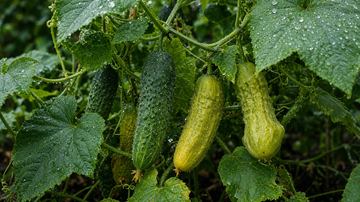 Cucumbers growing on a leafy vine in the garden