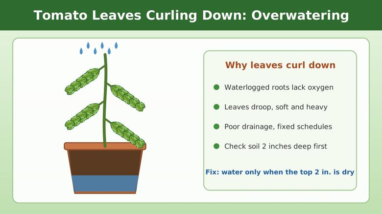 Potted tomato plant with drooping downward-curled leaves above waterlogged soil, with causes of overwatering listed